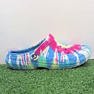 CROCS Classic Shoe Men's‎ 10 Women's 12 Pink Blue White Tie Dye Faux Fur Slip On